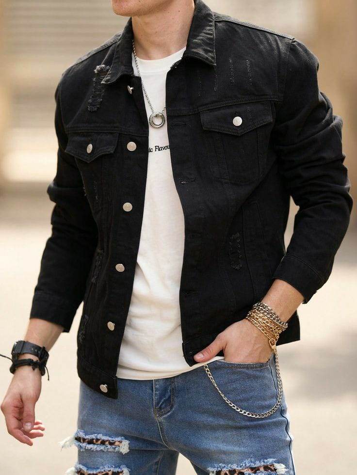 Black distressed denim jacket For Mens - Dubai Offers Today