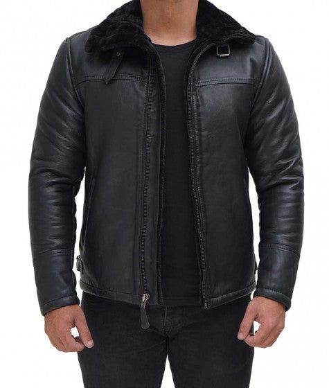 Men's Black Leather Bomber Jacket - Dubai Offers Today