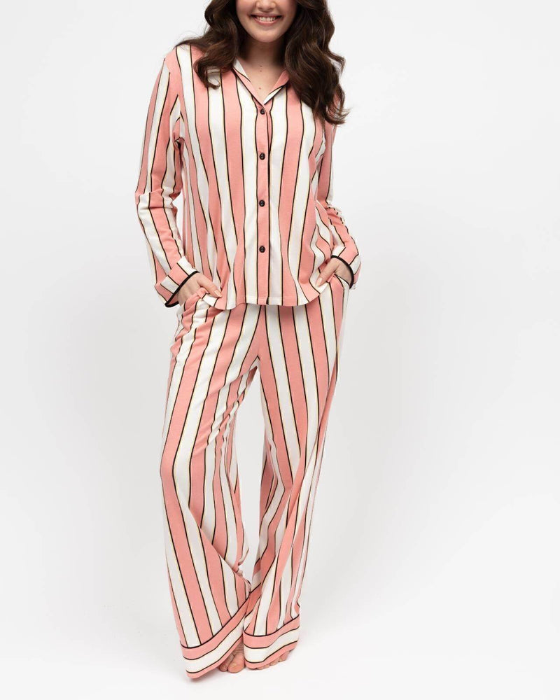 Bonnie Stripe Printed Jersey Wide Leg Pyjama Set pink - Dubai Offers Today
