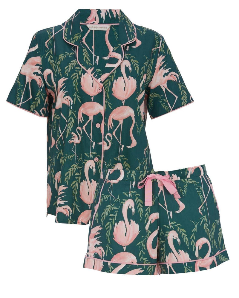 Ivy Flamingo Print Shorty Set Emerald Green Mix - Dubai Offers Today