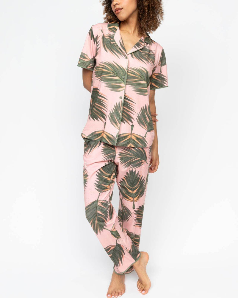 Lea Leaf Printed Jersey Pyjama Set Salmon Pink Mix - Dubai Offers Today