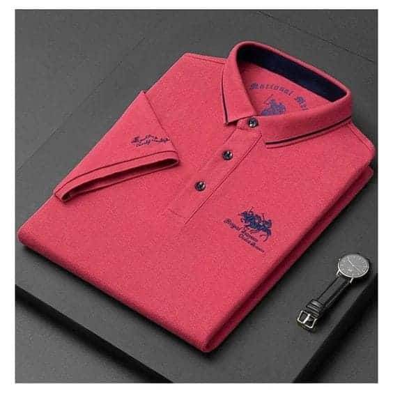 Slim fit pink polo shirt on model Dubai
