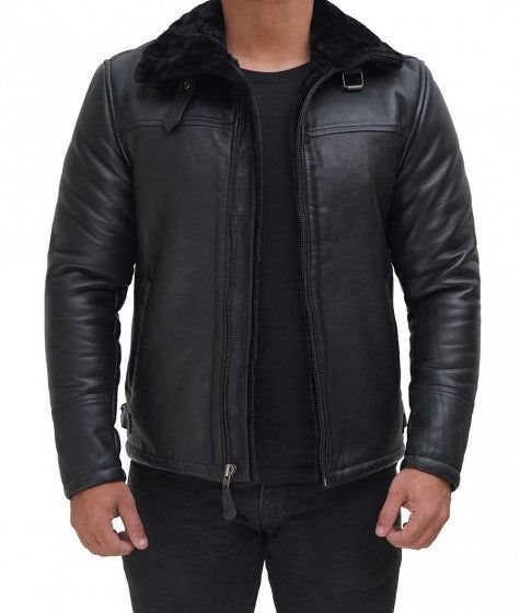 Men's Black Leather Bomber Jacket