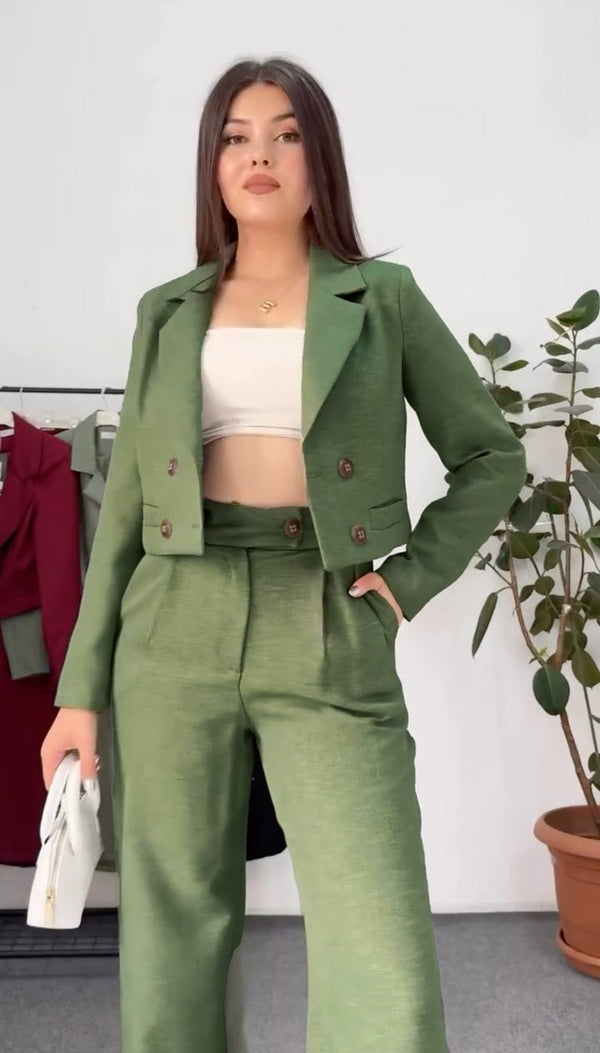 French Cropped Blazer with Pants - Korean Linen