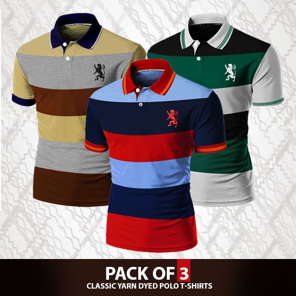 PACK OF 3 CLASSIC YARN DYED POLO T-SHIRTS