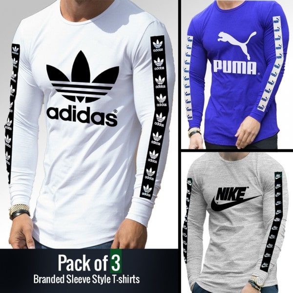 PACK OF 3 BRANDED SLEEVE STYLE T-SHIRTS