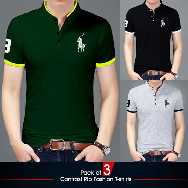 PACK OF 3 CONTRAST RIB FASHION T-SHIRTS
