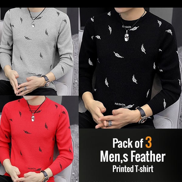 PACK OF 3 MENS FEATHER PRINTED T-SHIRTS