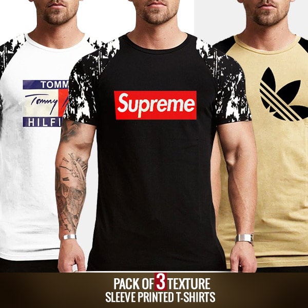 PACK OF 3 TEXTURE SLEEVE PRINTED T-SHIRTS