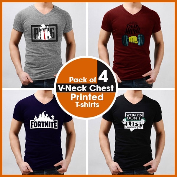 PACK OF 4 V-NECK CHEST PRINTED T-SHIRTS