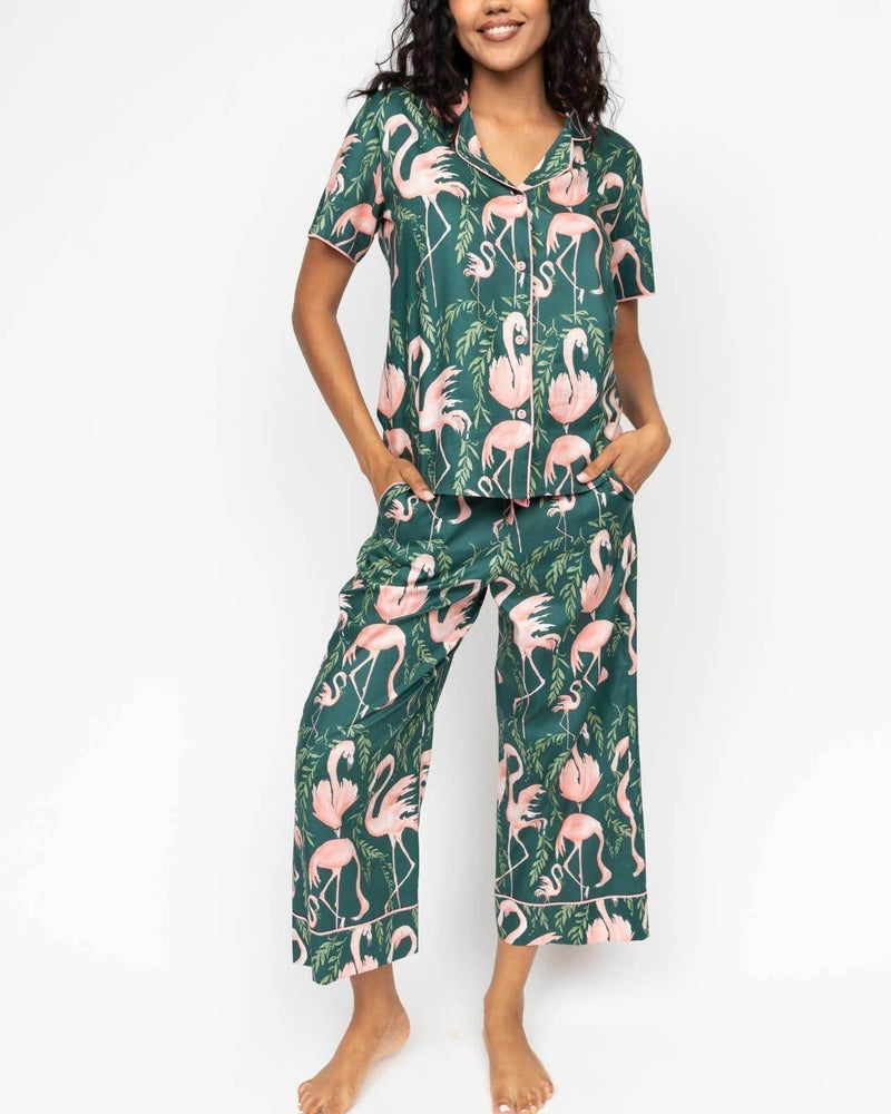 Ivy Flamingo Print Wide Leg Cropped Pyjama Set Emerald Green Mix - Dubai Offers Today