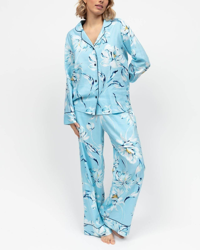 Madelyn Floral Print Wide Leg Pyjama Set Blue - Dubai Offers Today