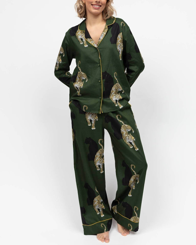Olive Leopard Print Wide Leg Pyjama Set Green - Dubai Offers Today