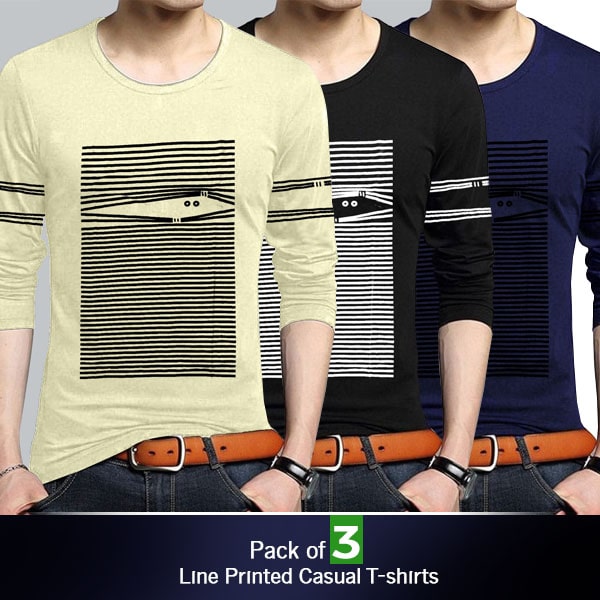 PACK OF 3 LINE PRINTED CASUAL T-SHIRTS