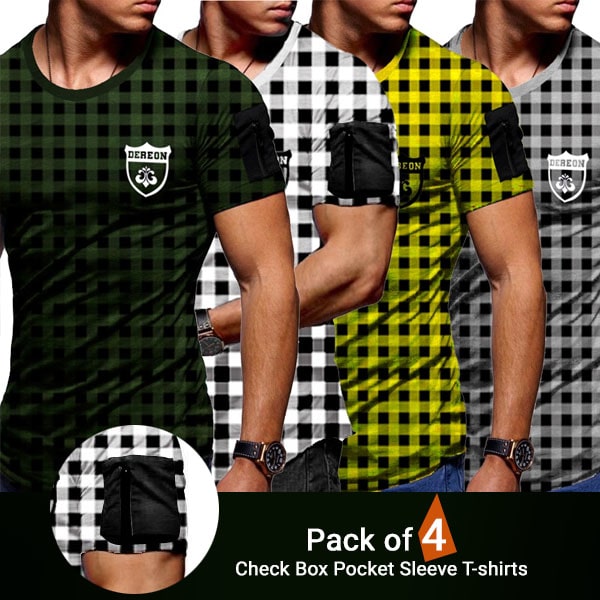 PACK OF 4 CHECK BOX POCKET SLEEVE T-SHIRTS