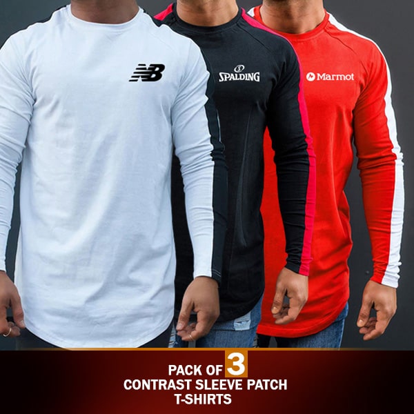 PACK OF 3 CONTRAST SLEEVE PATCH T-SHIRTS