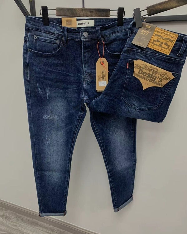 Rigid Blue Denim Plain Stretchable Jeans - 3811